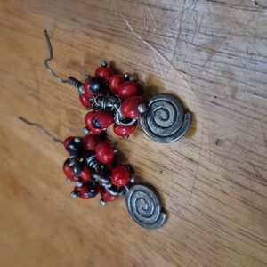 Red and Black Beaded Spiral Earrings